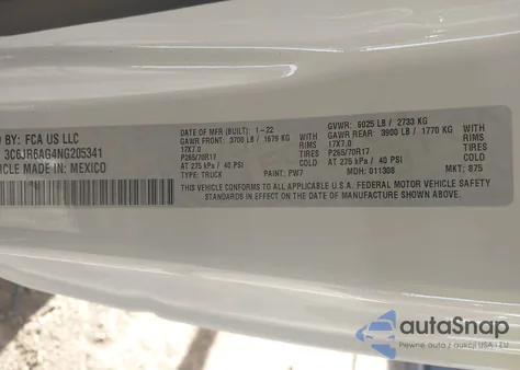 2022 Ram 1500 Classic Tradesman 4X2 6'4 Box z USA, uszkodzony, nr VIN 3C6JR6AG4NG205341